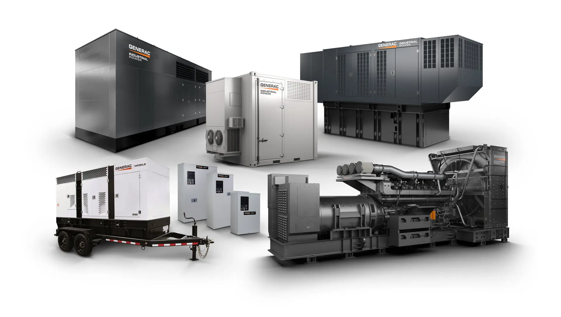 Industrial generator products including stationary generators, transfer switches and power equipment installed at a commercial facility